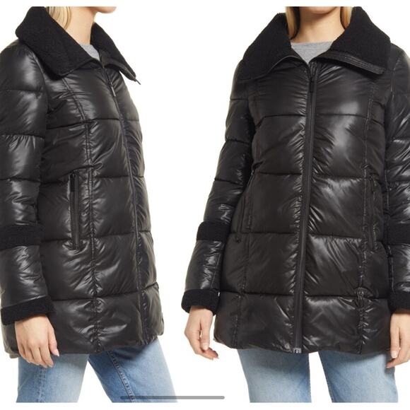 NWOT FRENCH CONNECTION Berber Trim Water Repellent Puffer Jacket In Black - Picture 1 of 8